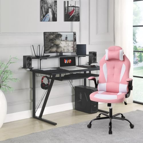 Dopinmin Gaming Chair Racing Computer Chair PU Leather Game Chair Desk Chair with Lumbar Support Flip Up Arms Headrest High Back Swivel Rolling Adjustable Ergonomic Office Chair, Pink