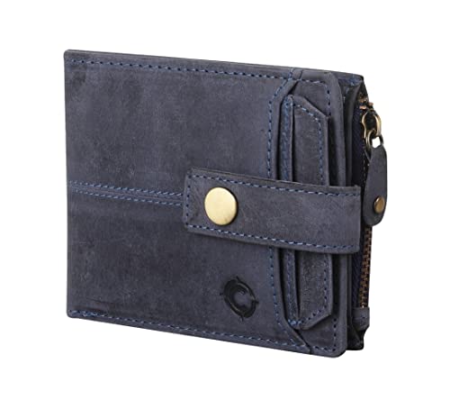 Image of Zipper Real Leather Wallet for Men RFID Blocking Designer Genuine Leather Handcrafted Front Pocket Full Grain Leather Wallet Gift for Men (Blue Hunter)