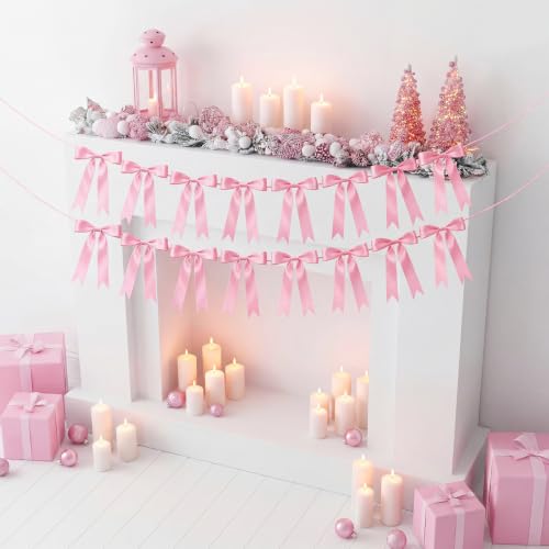 Image of 2 Pcs Pink Bow Garland Banner, Pre-Strung Pink Satin Ribbon Bow Garland Coquette Birthday Decorations for Classroom Decor Wedding Birthday Baby Shower
