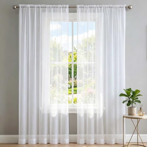 Cortinas salón translúcidas 85x150 blanco con manguito varilla para ventanas 2