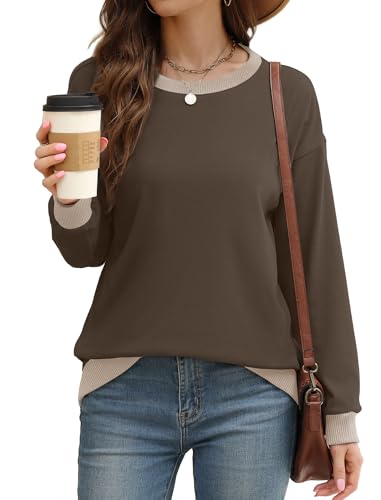Image of Saloogoe Sweatshirts for Women Crewneck Long Sleeve Loose Fit Tops Color Block Ribbed Trim Fashion 2025