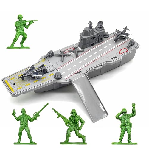 Image of VGRASSP Military Aircraft Carrier Toy for Kids with 2 Toy Airplanes, Catapult Launch with Ramp and Soldier Figures - Army Style Pretend Play Warship Carrier Playset - Color As Per Stock