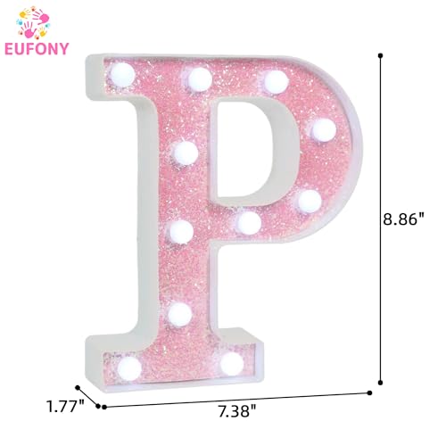 Image of Pink Glitter Marquee Light Up Letters, Battery Operated LED Letter Lights Signs for Pink Birthday Party Table Decorations, Wall Decor for Girls Bedroom, Initial Letter P with Cool White Lights