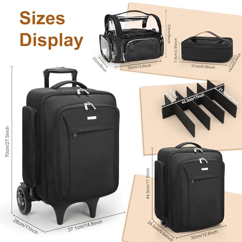 Image of Relavel Rolling Makeup Case with Large Brush Bag, Professional Make Up Travel Organizer Bag with 2 big Wheels, Lockable Makeup Backpack with Adjustable Dividers for Makeup Artist - Black