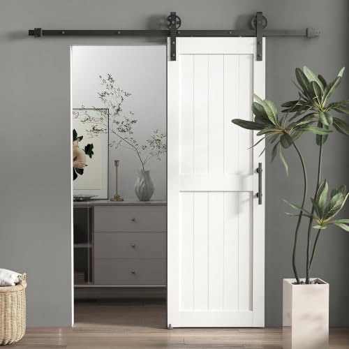HOMCOM Puerta Corredera de Granero con Herrajes 71,5x213,4 cm Puerta Corredera de Interior con Manija Rodillo y Guía de Suelo Mejorados para Baño Salón Sala de Estar Blanco