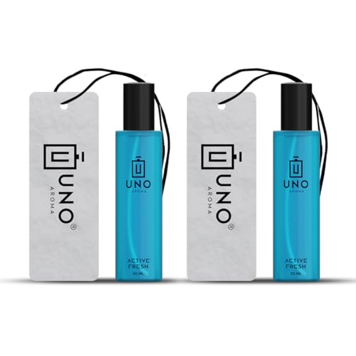 Image of Uno Aroma Active Fresh Car Perfume - Alcohol-Free, Long-Lasting Car Fragrance, Removes Odours, Toxin-Free & Easy to Use Hanging Card, No-Gas Car Perfume with 200+ Sprays, Lasts up to 90 days (30mlx2)