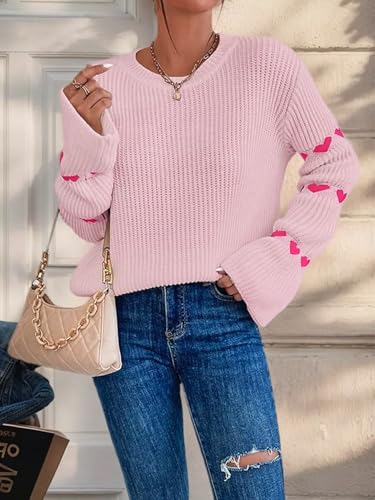 Image of Women's Casual Heart Cute Sweater Round Neck Drop Shoulder Long Sleeve Knitted Pullover Sweater Top