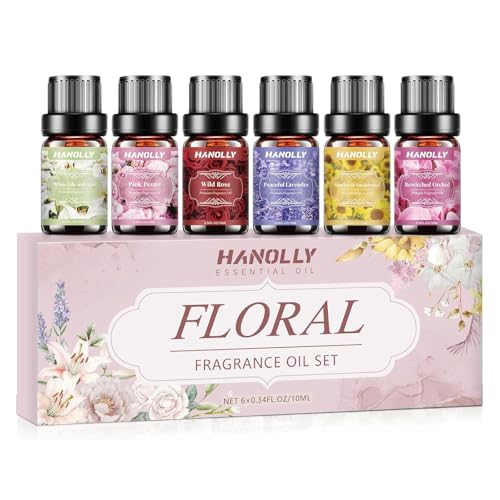 HANOLLY Aceites Esenciales FLORALES 6x10ML, Juego de Aceite Esencial Naturales para Humidificador Difusor Velas perfumes hogar, Lirio & Aloe, Peonía Rosa, Rosa, Lavanda, Sándalo & Girasol, Orquídea