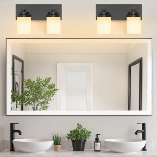 Image of IZORRO Bathroom Vanity Light Fixture, 2-Light 15 Inch Matte Black Bathroom Light Fixtures Over Mirror, with White Glass Shade, Modern Farmhouse Vanity Lights, Rustic Restroom Lighting Fixtures