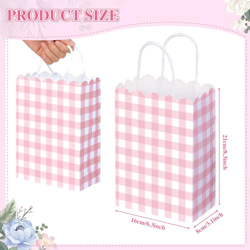 Houuqe 36 Pcs Gingham Party Supplies Pink Gift Bag with Handles Scalloped Pink and White Plaid Paper Candy Bags Double Side Kraft Paper Goodie Bags for Spring Wedding Party Decor - Image 5