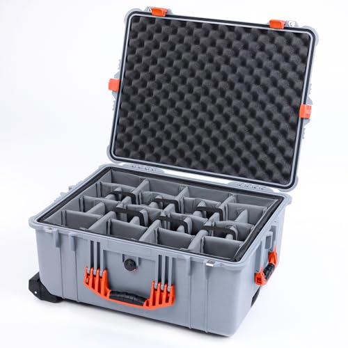 Pelican 1610 Case by ColorCase - Silver - Large Sized Waterproof Case with Gray Padded Dividers & Convoluted Lid Foam - Orange Handles & Latches