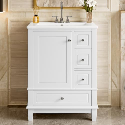 Bellemave 24" Bathroom Vanity with Ceramic Sink & 3 Drawers, Bathroom Cabinet with Storage Shelves & Solid Wood Base, Freestanding Vanity Cabinet with Soft Closing Door with Organizer (White/24)