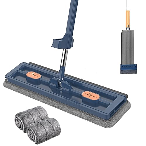新型手洗い不要モップ、42CM 手洗い不要モップ 吸水モップ フロアモップ 乾湿両用 拭き掃除 絞り器 床掃除 モップ 360度回転 180度自動リバウンド 交換パッド2/4/6枚 掃除用品 掃除道具 フローリング 床掃除 (ブルー,2クロス)