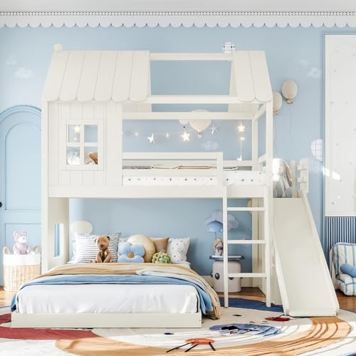 Image of Bellemave Twin Over Full House Bunk Bed with Slide and Storage Shelves for Kids,Solid Wood Floor Bunk Bed Frame with Wardrobe and Inclined Ladder for Girls Boys,Beige