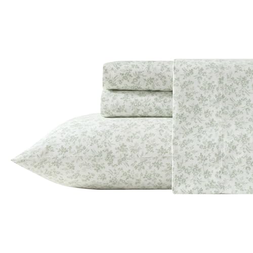 Image of Laura Ashley - King Sheet Set, Ultra-Soft Bed Sheets with a Naturally Silky Smooth Cotton Sateen, Deep Pockets, Floral Bedding with Matching Fitted Sheet & Pillowcases (Floral Toile Green)