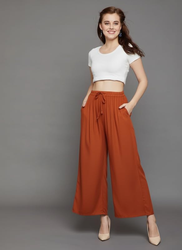 Image of Super Soft Viscose Rayon Flared Palazzo Pants for Women Stylish Wide Leg Straight Relaxed Fit Casual Ethnic Office Wear