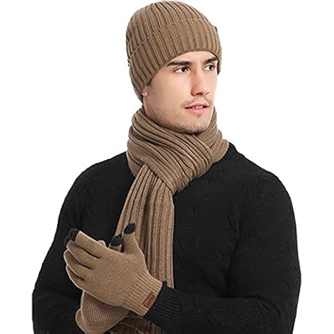 Warmiehomy Hat Touch Screen Gloves Scarf Set for Men Gentlemen Soft Warm Knitted Beanie Cap Long Scarf 3 in 1 Winter Thick Set for Outdoors Walking Shopping Skiing Fishing Camping (Khaki - Men's) Cover
