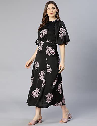 Image of oxolloxo Women Polyester Flared Puff Sleeves Floral Casual Dress