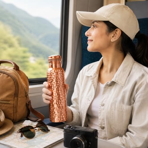Image of 100% Pure Copper Water bottle 32 Oz with Cleaning brush, Hammered Design | Drink More Water, Lower Your Sugar Intake And Enjoy the Health Benefits Immediately (1 Brush +1Bottle)