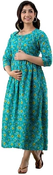 Women's Pure Cotton Printed Maternity Gown/Maternity wear/Feeding Gown A-line Maternity Feeding Dress Maternity Kurti Gown for Women Blue
