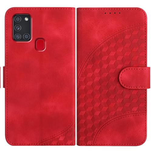 JayModCase Funda para Samsung Galaxy A21, Flip Leather con Tarjetas y Cartera Soporte Plegable Cáscara de TPU Cierre magnético para Galaxy A21 (Rojo)