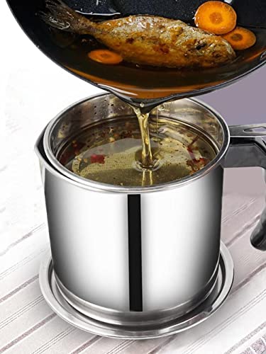 Image of Cooking Oil Keeper Strainer Pot - Stainless Steel Grease Storage Canister with Mesh Filter, Leak‑Free Spout & Cool‑Touch Handle, Reuse & Store Frying Oil Safely