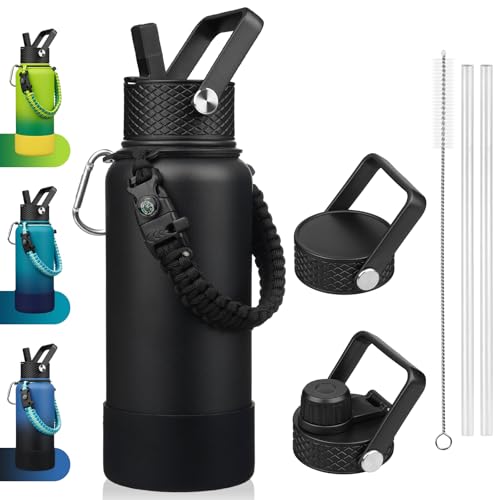 Image of BJPKPK 32oz Insulated Water Bottle with 3 Lids, Straw Lid & Handle
