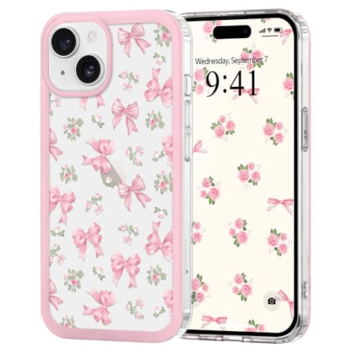 Urarssa for iPhone 15 Case for Women Girls, Clear Cute Ribbon Bowknot Pattern Luxury Aesthetic Bow Design Transparent Slim Soft TPU Shockproof Protective Phone Case for iPhone 15, Rose Bow