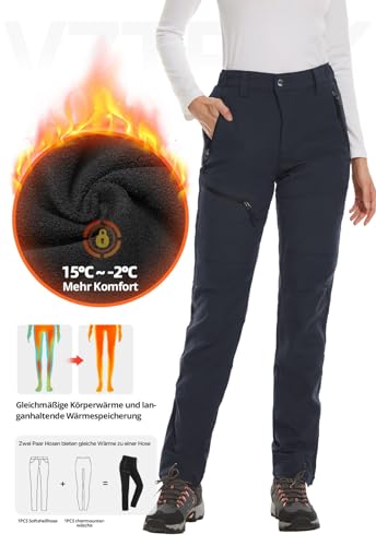 Vzteek Damen-Wanderhose-Thermohose-Skihose-Schneehose-Softshellhose-Wasserdicht Winter Warm Gefüttert Arbeitshosen Regenhose Trekkinghose Outdoor Hosen für Damen Cargohose (Navy,L)