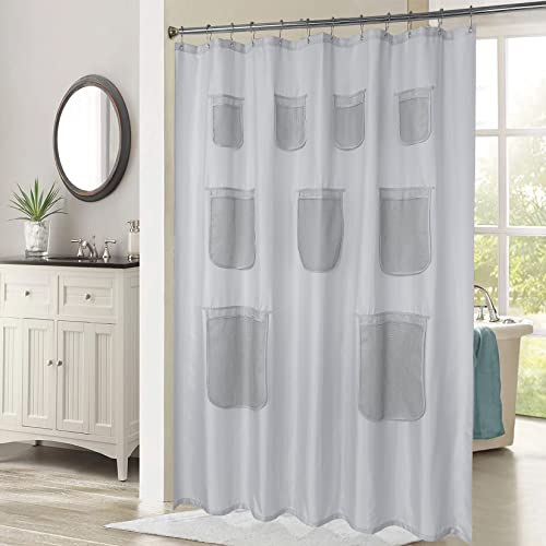Homerry Grey Shower Curtain For Bathroom Waterproof Fabric Shower Curtain With 9 Mesh Pockets Water Repellent And Light-Weight Cloth Shower Curtain Set For Bathroom Décor 72X78 Inches, Grey #TOP2