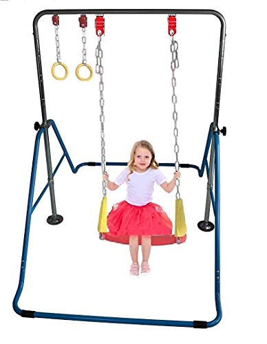 Gymnastics Bar for Kids Home Jungle Gym 3 in 1 Set Deluxe Swing Seat, Trapeze Rings, Horizontal Kip Bar Height Adjustable Monkey Bar, Expandable Junior Training Gymnastic Balance Bar, Swing Set (Blue)