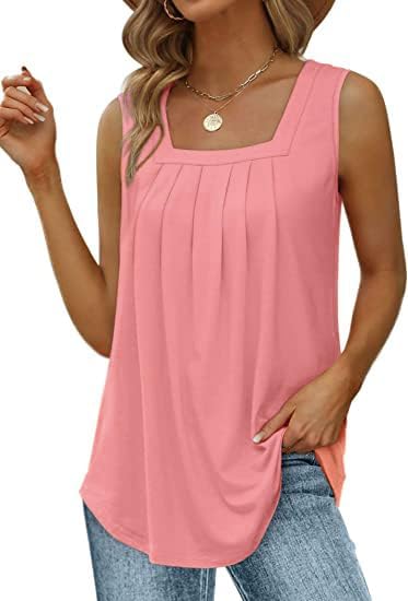 GOLDPKF Womens Vests Square Neck Pleated Flowed Summer Tops Sleeveless Tank Tops