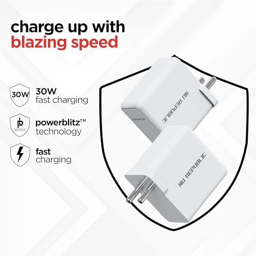 Image of Nu Republic Sprint All-in-one 30W 6A with Type-C to Type-C Cable Supports All Fast Charging Technologies (White, Red, Cable Included)