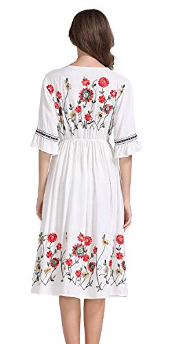 Image of Shineflow Women's Short Sleeve Mexican Embroidered Floral Pleated Midi A-line Cocktail Dress