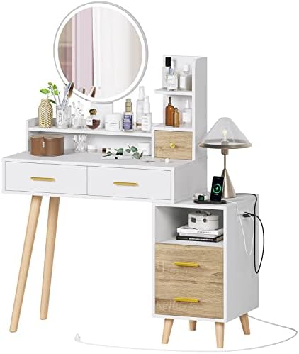 BTHFST Vanity Desk with Mirror and Lights, Makeup Vanity with Lights and Charging Station of 2 USB Ports and Outlets, Vanity Table with Drawers and Shelves, Makeup Desk with Nightstand