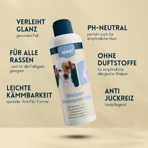 nimo® Welpen Shampoo sensitiv | ohne Duftstoffe & pH-Neutral mit Kollagen | für alle Hunderassen und Sensible, allergische Welpen | für bessere Kämmbarkeit & glänzendes Fell, 100% tierleidfrei