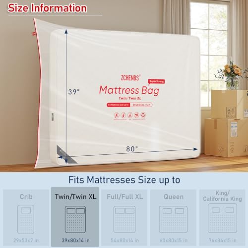 Image of ZCHENBS - Twin /Twin XL Mattress Bags for Moving, Waterproof Mattress Storage Bag with Zipper, Heavy-Duty 5 Mil Ultra-Thick Bed Protector Cover for Moving, Reusable (Transparent /Red, 1 Pack)