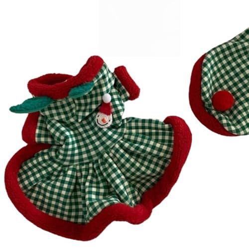 秋冬用ベスト、小型犬・中型犬用フリースジャケット、コート、ペット服、かわいいクリスマスペット服、パーカー、フリースベスト、ノースリーブ、背中開き、アウターウェア、ドレス、防寒、暖かい、柔らかい、抜け毛防止、散歩用ウェア (L,緑のチェック柄スカート)