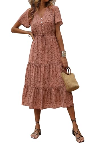PRETTYGARDEN Summer Floral Dress for Women 2025 Casual Boho Short Sleeve Maxi Dresses V Neck Tiered Flowy Beach Sundress