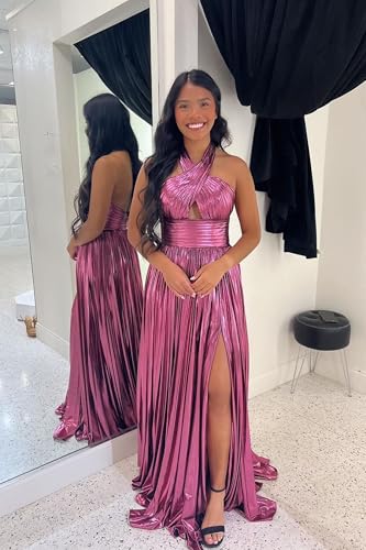 UZN Metallic Sparkly Satin Prom Dresses Long with Split Pleated Formal Evening Party Gowns4