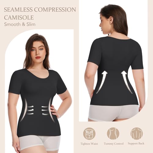 Shapewear Tops for Women Short Sleeve Tummy Control Tank Tops Seamless Compression Shirts Body Shaper Cami2