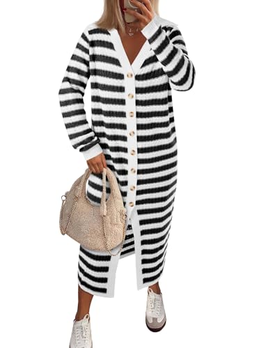 Image of Saodimallsu Womens Striped Midi Sweater Dress V Neck Collared Long Sleeve Button Down Loose Knit Duster Cardigan