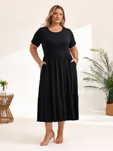 Image of LARACE Plus Size Dresses for Women Summer Casual Short Sleeve Long Dress Flowy Maxi Beach Dresses with Pockets L-6XL