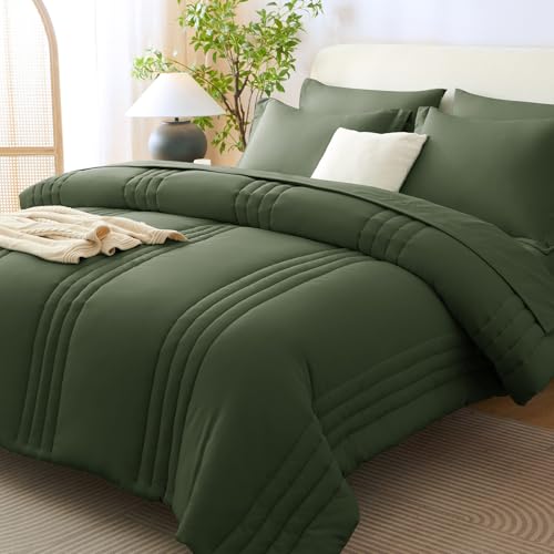 Image of CozyLux King Size Comforter Set Olive Green - 7 Pieces Bed in a Bag, Modern Vertical Quilted Room Decor, Soft All-Season Bedding Gift with Comforter, Sheets, Pillowcases & Shams