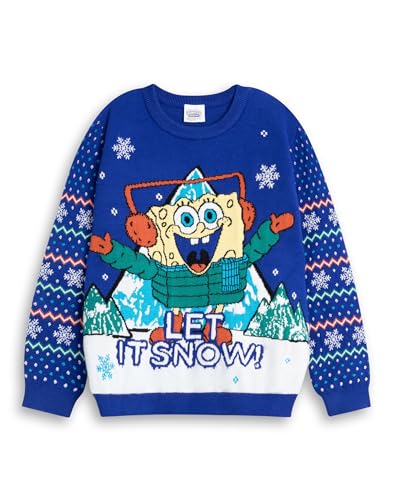 SPONGEBOB SQUAREPANTS Unisex-Kinder-Weihnachtspullover Let It Snow in Blau | Langärmlige Winterkleidung mit Rundhalsausschnitt für Feiertage | Merchandise mit Zeichentrickfiguren