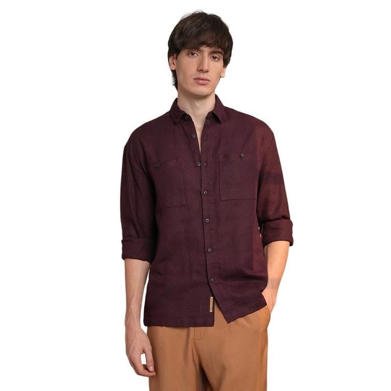 Campus Sutra Men’s Polyester Regular Fit Solid Utility Shirt | Casual Wear | Spread Collar | Long Sleeve | Button Closure | Shirt Crafted With Comfort Fit For Everyday Wear