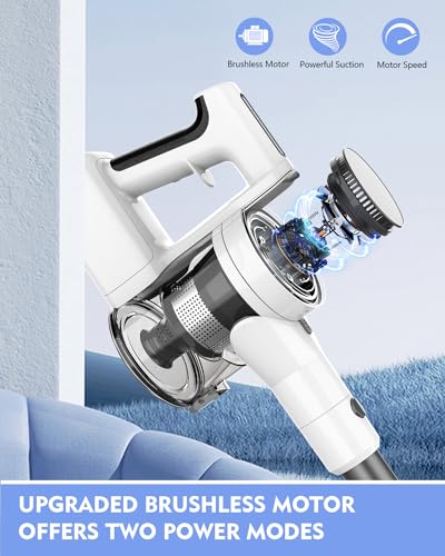 Vacuum Cleaners for Home, 80,000PRM Powerful Motor Cordless Vacuum with Removable 2200mAH Battery up to 35 Mins Worktime, 2 Adjustable Modes and Detachable Parts Stick Vacuum (White Zinc Gray)