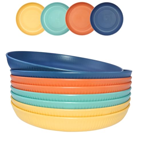 PullinTimes Set di 8 Piatti in Plastica,22.5cm,Piatti da Picnic in Plastica,Piatti da Insalata, Piatti da Dessert,Piatti da Festa,lavabili in lavastoviglie e sicurezza nel forno a microonde, 4 Colori