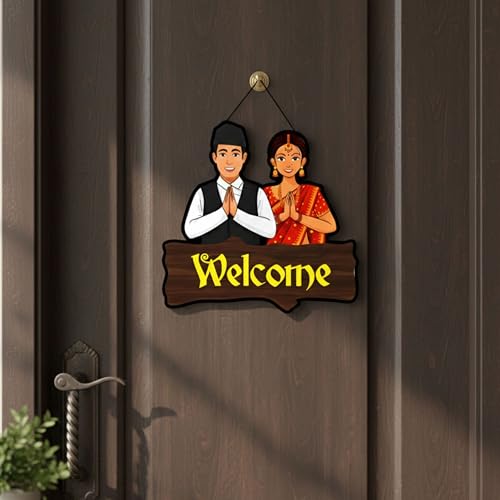 Image of EXPLEASIA Welcome Nepali Couple Decorative Wall Hanging Wooden Art Decoration Item for Home Office Living Room Decoration Items Home Decor Wall Art Wall Decoration (Multicolor)