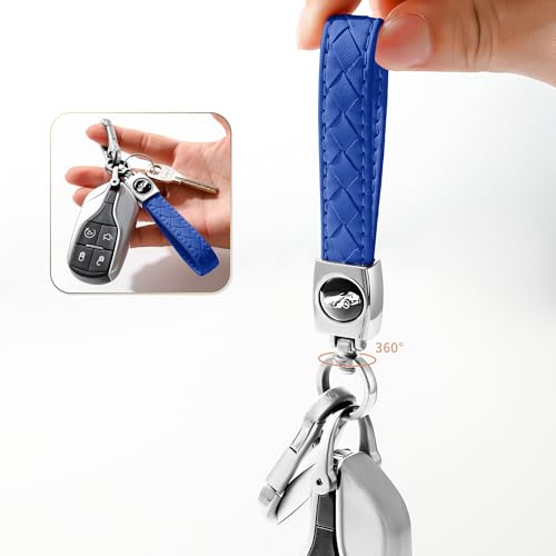 Image of Gkeygo Carabiner Keychain, Universal Heavy Duty Woven Handmade Leather Key Chain, Car Fob Key Keychains with 360 Degree Rotatable Snap Swivel and Anti-Lost D-Ring for Men and Women, Silver - Blue